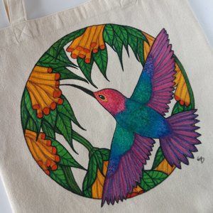 Painted Tote Bag with Ana's Hummingbird in Orange Flowers 13.5x13.5x3.5 Handmade